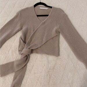 Astr Tan V-Neck Cropped Sweater with Wrap Detail
